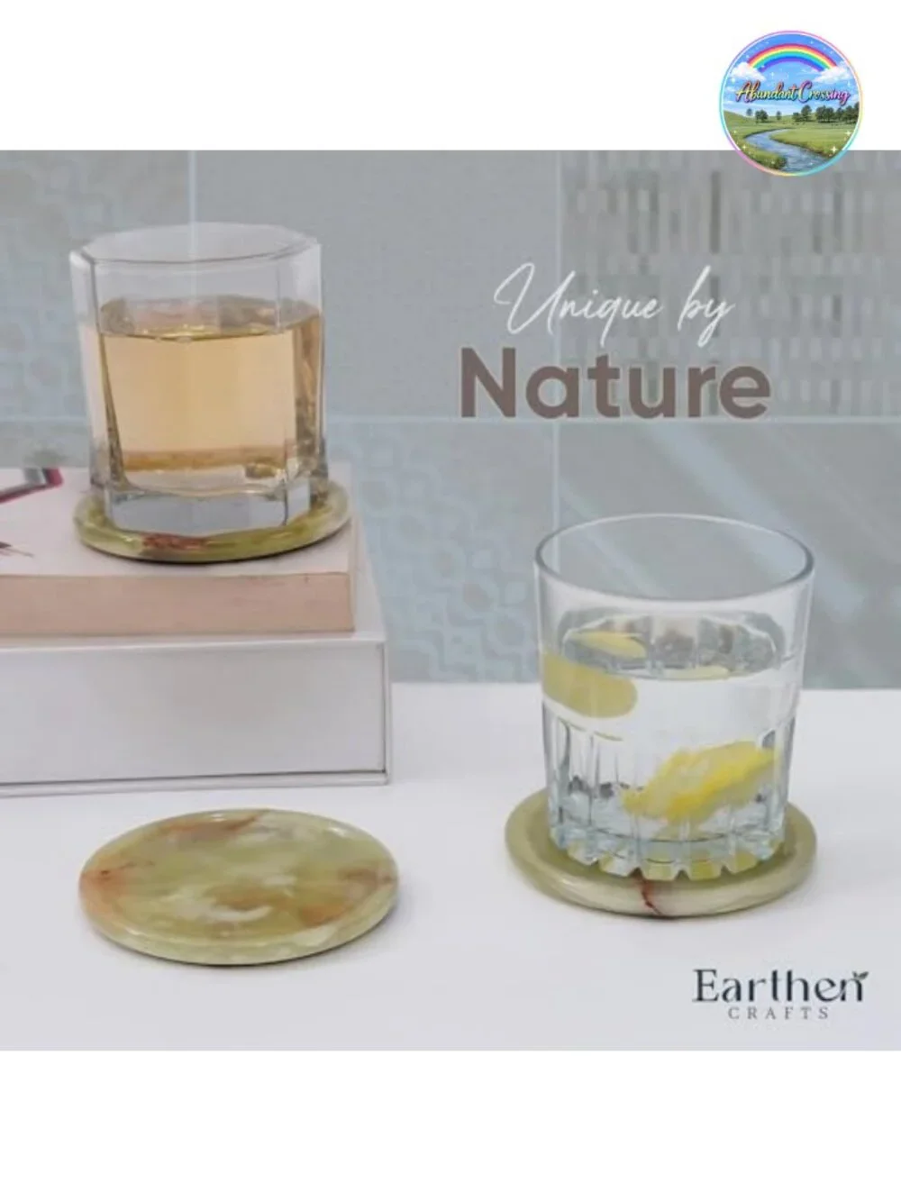 Green Onyx Marble Coasters Set of 6 with Holder & Lid, Stone Drink Coasters for